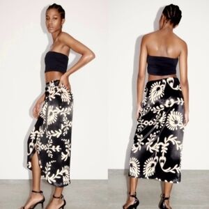 Zara Black and Cream Botanical Midi Skirt